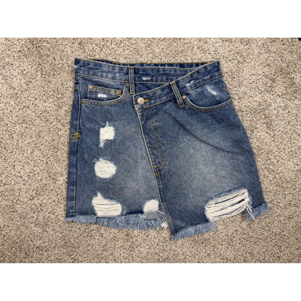 Elan Distressed Denim Mini Skirt Crossover Waist Asymmetrical Hem Blue S